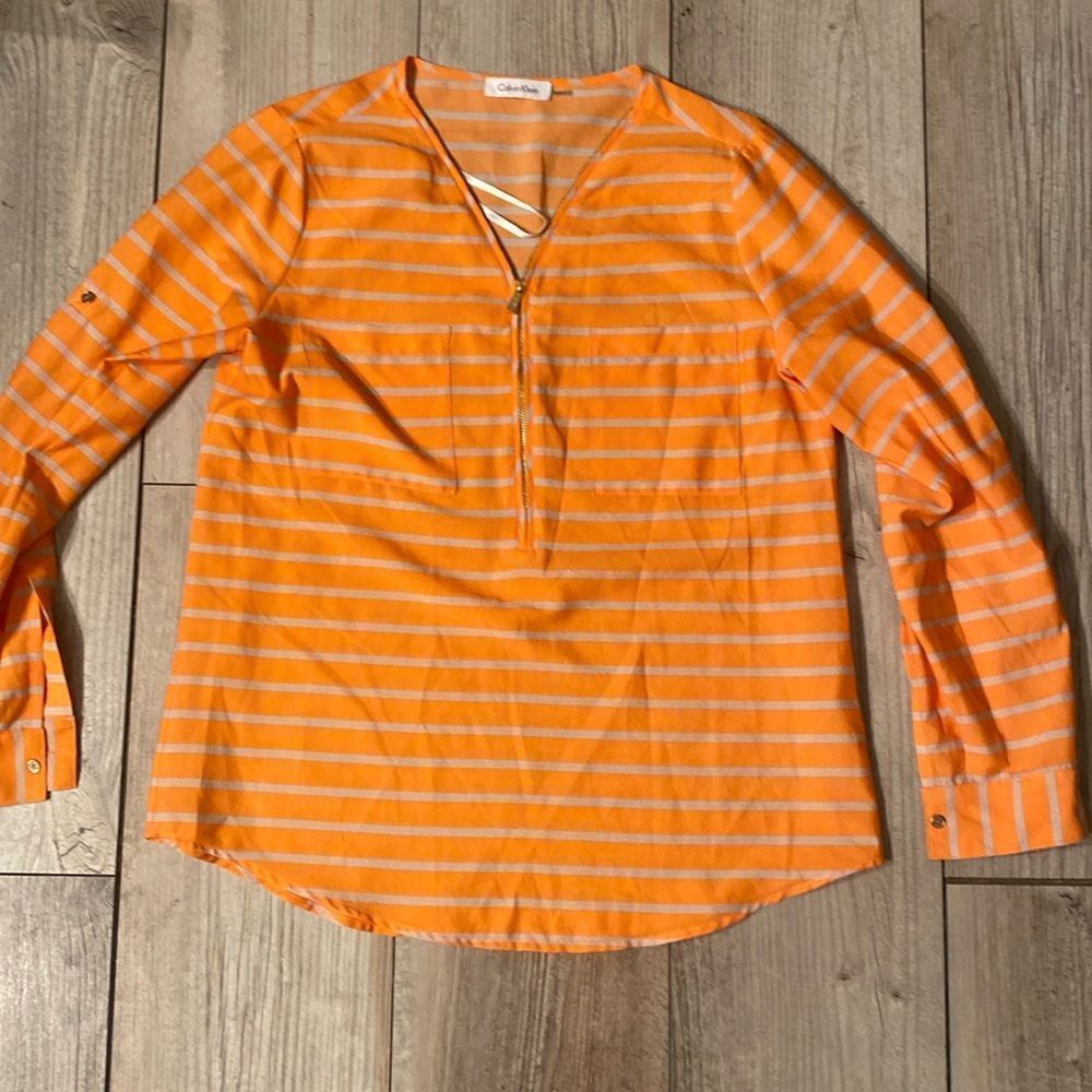 Women’s Calvin Klein Orange and White Striped Polyester Blouse Size Med